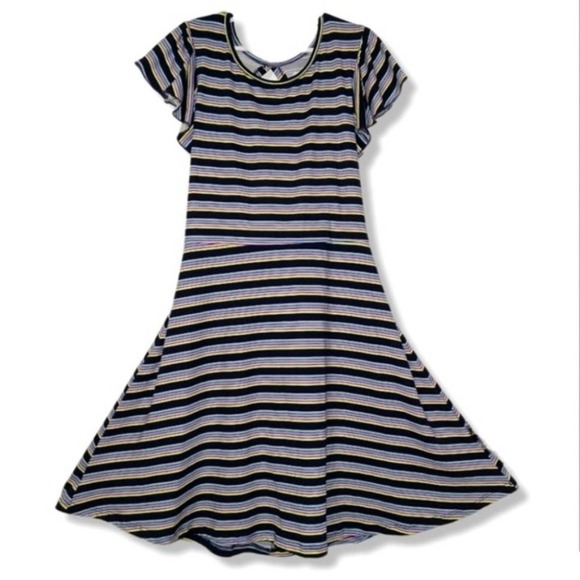 Speechless Girls Navy Striped Flutter Sleeve Skater Dress, Size 12 - Picture 1 of 8